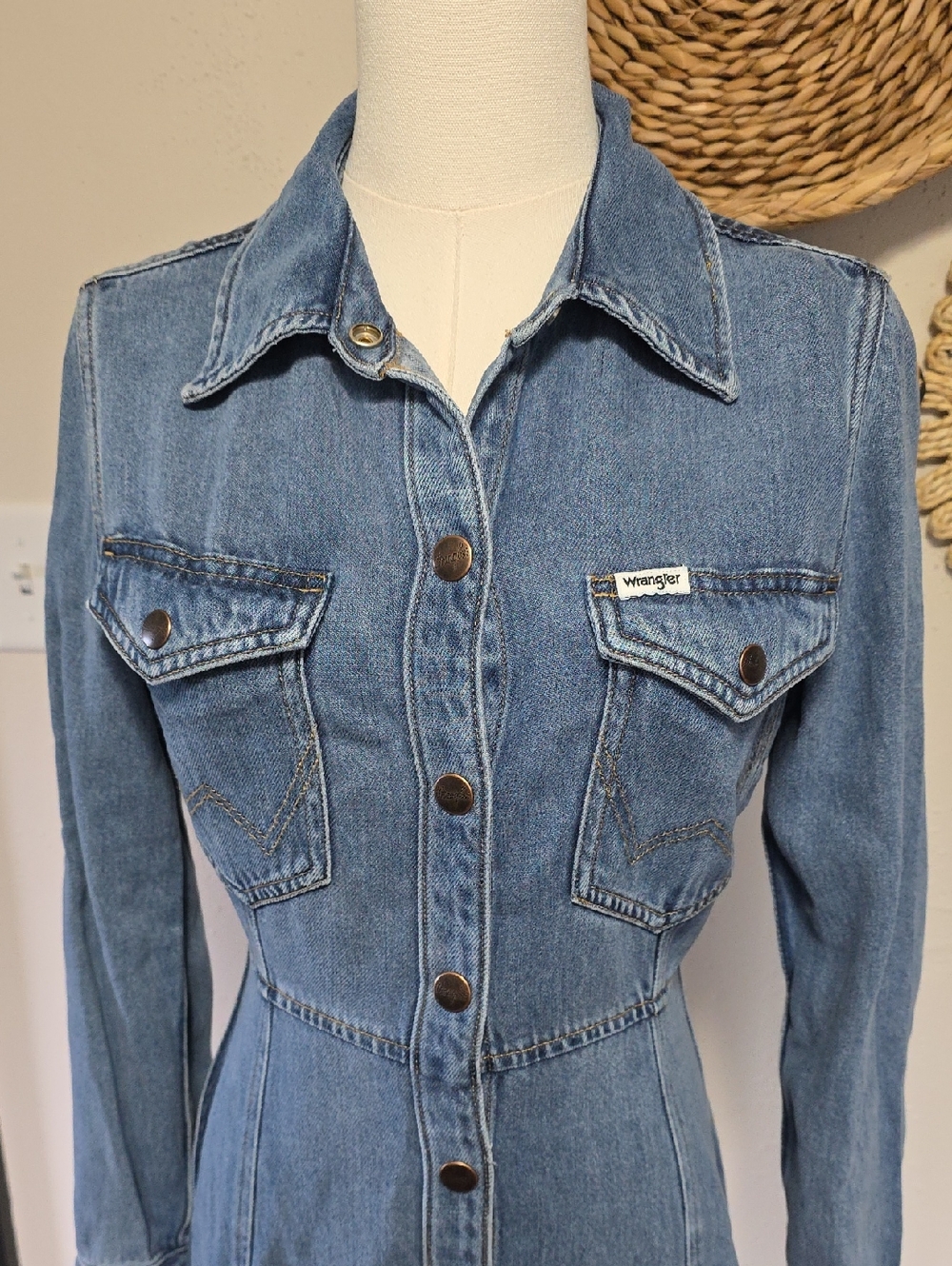 Wrangler Slim Western Cowgirl Blue Denim Long Sleeve Mini Dress Womens XS - Picture 3 of 9